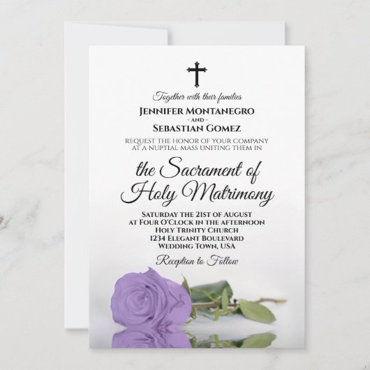 Elegante Lavender Rose Moderne katholische Hochzei Einladung (Vorderseite)