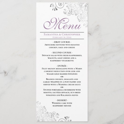 Elegante Lavender & Silver Wirbel auf der White We Menükarte (Vorderseite)