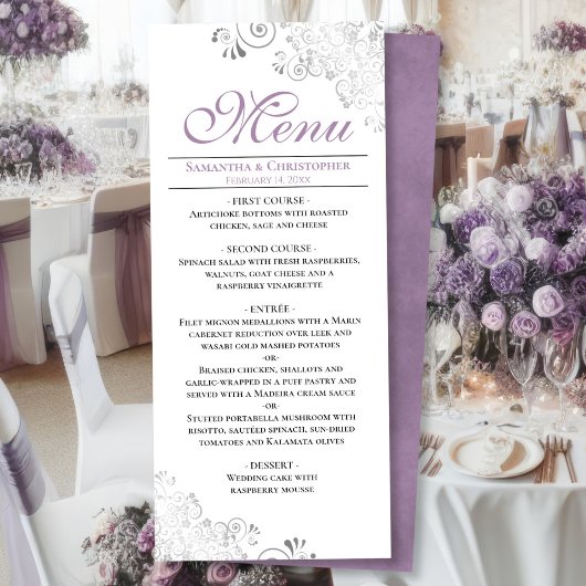 Elegante Lavender & Silver Wirbel auf der White We Menükarte