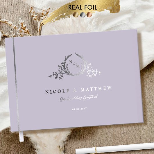 Elegante Lavender und Real Foil Monogram Wedding Gästebuch