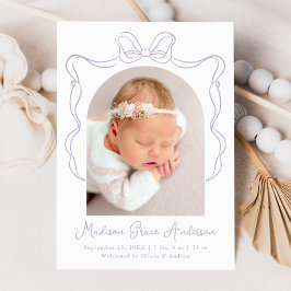 Elegante Lavender Vintag Bow Foto Birth Ankündigung