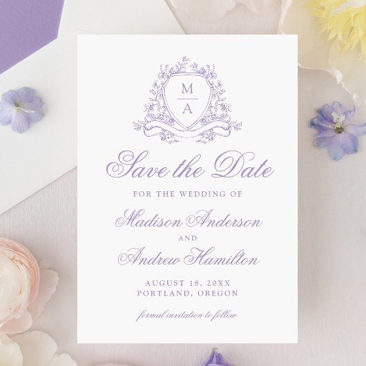 Elegante Lavender Wappen Monogram Foto Wedding Save The Date