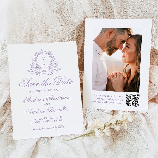 Elegante Lavender Wappen Monogram Foto Wedding Save The Date