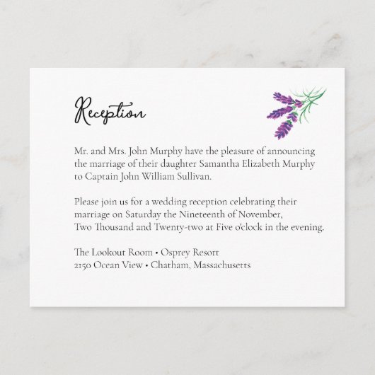 Elegante Lavender Wedding Reception Enclosure Card Postkarte (Vorderseite)