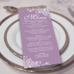 Elegante Lavender & White Frilly Corners Wedding Menükarte<br><div class="desc">Dieses lila oder lavendelfarbene Menü wird Ihrem Hochzeitsempfang etwas mehr Stil verleihen. Es zeichnet sich durch ein schlichtes, aber schönes Design mit eleganten Schriftzeichen und verzierten dekorativen weißen Vorhängen und Wirbel in den Ecken aus. Es gibt Platz für die Namen des Paares und das Hochzeitstag, und der Text ist vollständig...</div>
