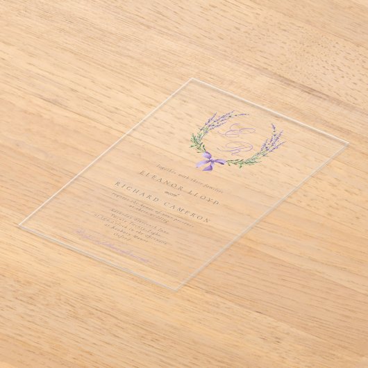 Elegante Lavender Wreath & Bow Monogram Wedding Acryleinladungen (Ablage )