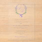 Elegante Lavender Wreath & Bow Monogram Wedding Acryleinladungen (Vorderseite)