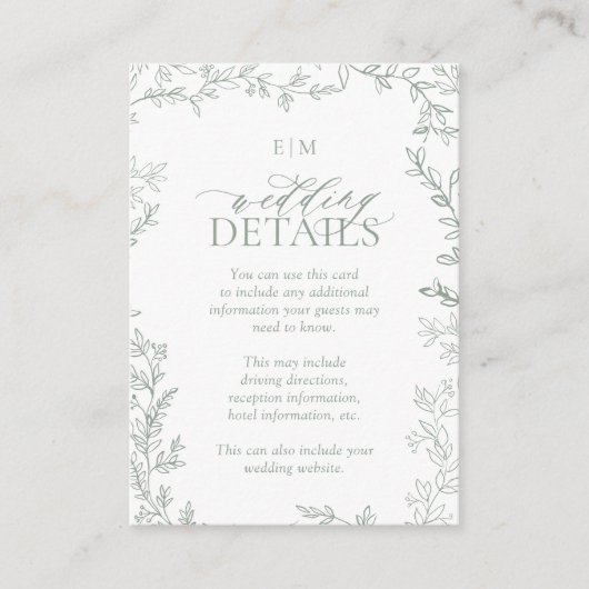 Elegante Leaf Sage Green Monogram Wedding Details Begleitkarte (Vorderseite)