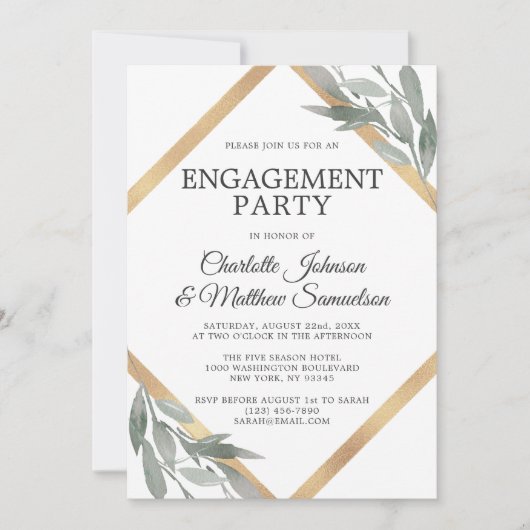 Elegante Leaf Sage Olive Gold ENGAGEMENT PARTEI Einladung (Vorderseite)