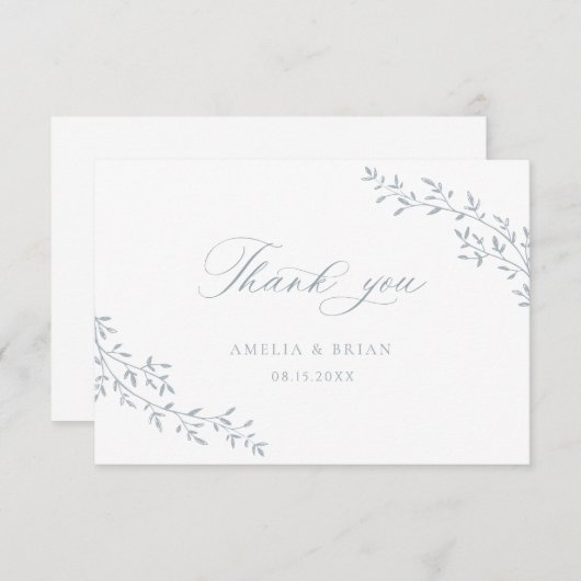 Elegante Leaf Zweigstelle Botanical Blue Script We Dankeskarte (Vorne/Hinten)