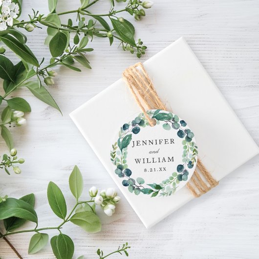 Elegante Leafy Watercolor Botanische Kranzhochzeit Geschenkanhänger