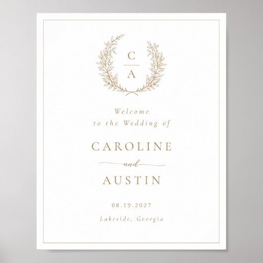 Elegante Leafy Wreath Gold Script Wedding Willkomm Poster (Vorne)