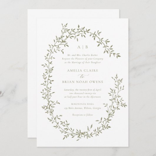 Elegante Leafy Wreath Sage Laurel Botanische Hochz Einladung (Vorne/Hinten)