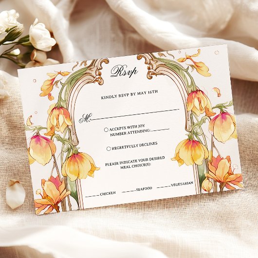 Elegante, lebendige Hochzeit in Gelb und Gold RSVP Karte