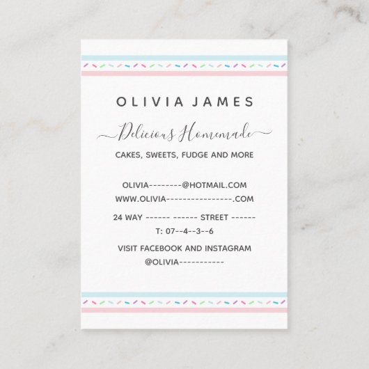 Elegante Leckereien Kuchenkuchen und Bäckerei Visitenkarte (Rückseite)