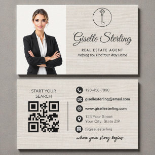 Elegante Leinen-Foto-Immobilienmakler-QR-Code Visitenkarte