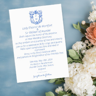 Elegante Leinenblaue Crest-Monogramm-Hochzeit Einladung