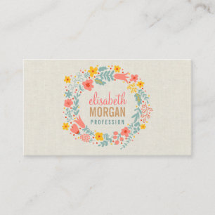 Elegante Leinenburlap mit floralem Kranz Visitenkarte