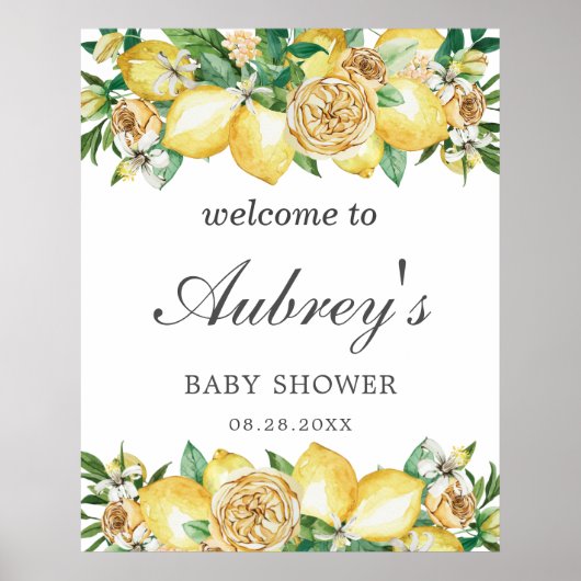 Elegante Lemon Floral Greenery Baby Dusche Willkom Poster (Vorne)