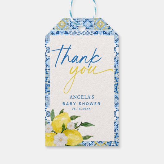 Elegante Lemon Mediterrane Babydusche Geschenkanhänger (Rückseite)