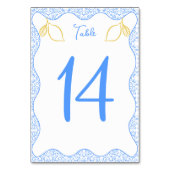 Elegante Lemon und Blue Tiles Mediterrane Hochzeit Tischnummer (Vorderseite)