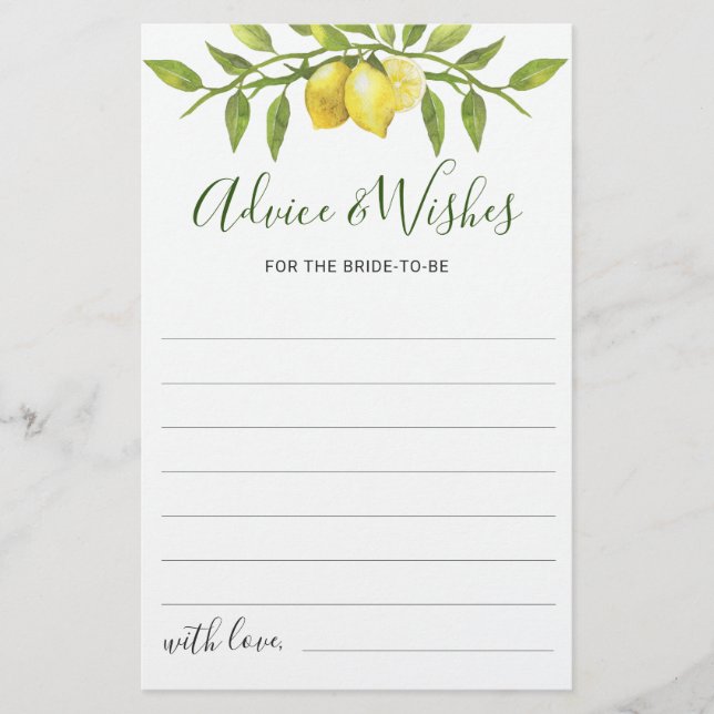 Elegante Lemon Watercolor Brautparty Advice Card (Vorderseite)