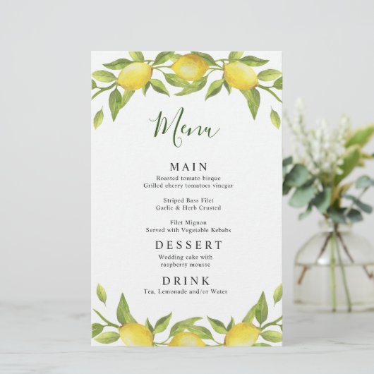 Elegante Lemons Greenerity Wedding Dinner Menu (Stehend Vorderseite)