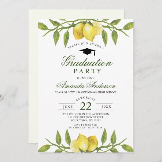 Elegante Lemons Greenery Chic Graduation Party Einladung (Vorne/Hinten)
