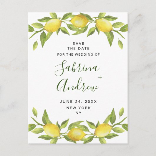 Elegante Lemons Grüne Hochzeit speichern das Datum Postkarte (Vorderseite)