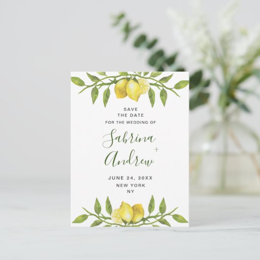 Elegante Lemons Grüne Hochzeit speichern das Datum Postkarte (Stehend Vorderseite)