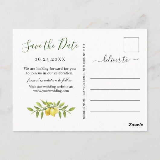 Elegante Lemons Grüne Hochzeit speichern das Datum Postkarte (Rückseite)