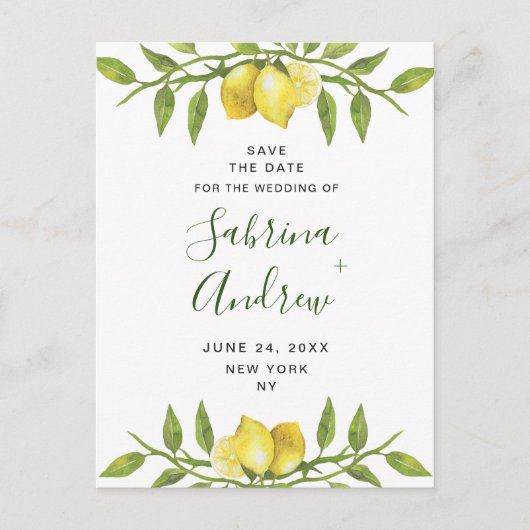 Elegante Lemons Grüne Hochzeit speichern das Datum Postkarte (Vorderseite)
