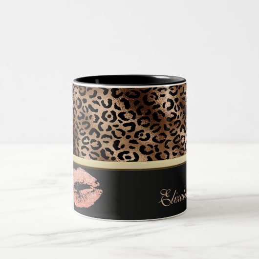 Elegante Leopard Muster Glitzer Lips Zweifarbige Tasse (Mittel)