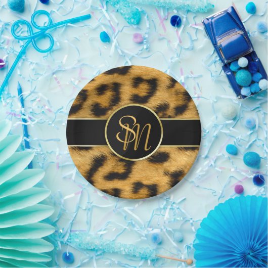 Elegante Leopard Print Monogram Script Paper Plate Pappteller (Party)