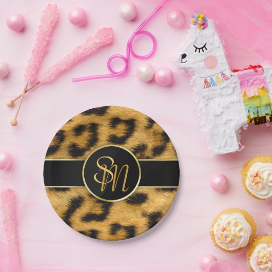 Elegante Leopard Print Monogram Script Paper Plate Pappteller (Party)