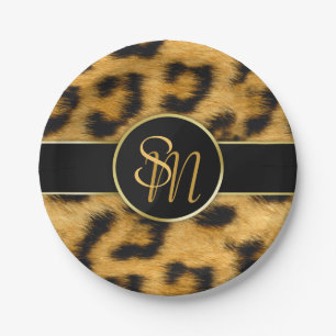 Elegante Leopard Print Monogram Script Paper Plate Pappteller