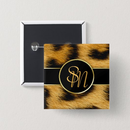 Elegante Leopard Print Monogram Script - Schaltflä Button (Vorne & Hinten)
