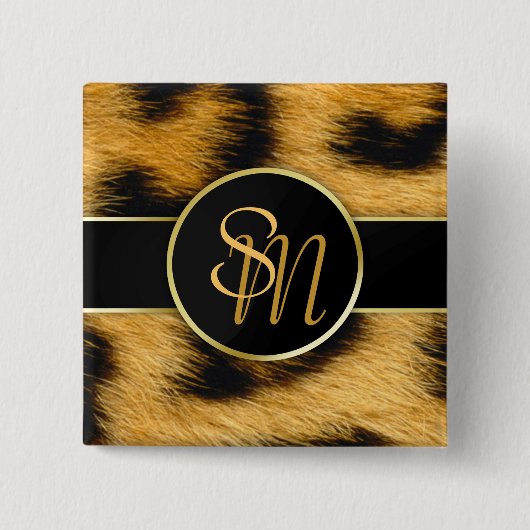 Elegante Leopard Print Monogram Script - Schaltflä Button (Vorderseite)