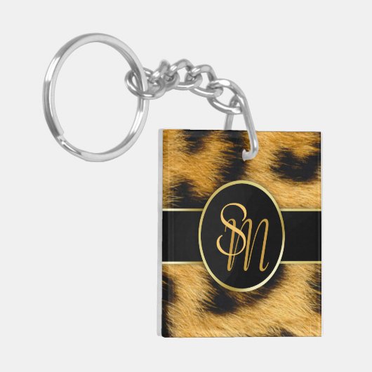 Elegante Leopard Print Monogram Script - Schlüssel Schlüsselanhänger (Vorderseite links)