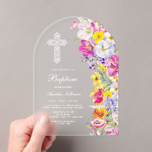 Elegante leuchtende Wildblumen Bögen Taufe Acryleinladungen