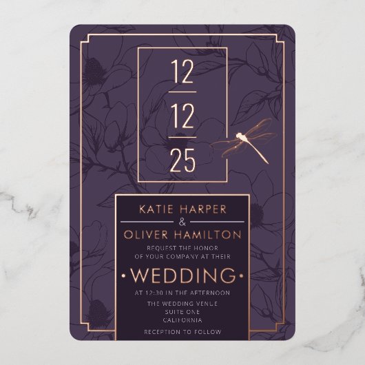 Elegante Libelle und moderne Blumengärten - Einlad Folieneinladung (Vorderseite)