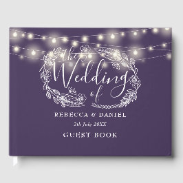 Elegante Lichterkette Blumen Lila Hochzeit Gästebuch