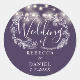 Elegante Lichterkette Blumen Lila Hochzeit Runder Aufkleber