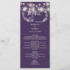 Elegante Lichterkette Florale Lila Hochzeit Menükarte
