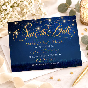 Elegante Lichterkette Hochzeit in Marineblau mit S Save The Date