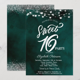 Elegante Lichterkette Konfetti Grün Sweet 16 Einladung