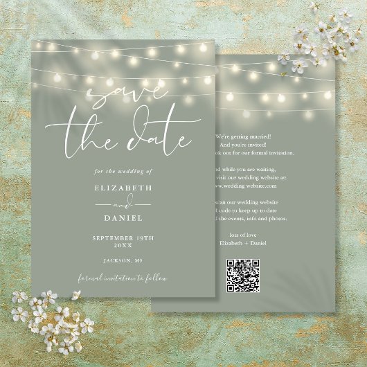 Elegante Lichterkette Sage Green QR-Code Hochzeit Save The Date