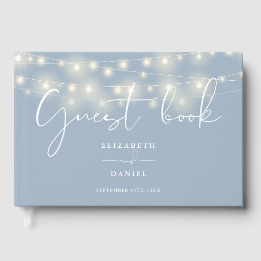 Elegante Lichterkette Staubblau Hochzeit Gästebuch (Vorderseite)