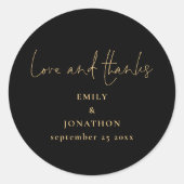 Elegante Liebe dank Script Black Gold Hochzeit Runder Aufkleber (Vorderseite)