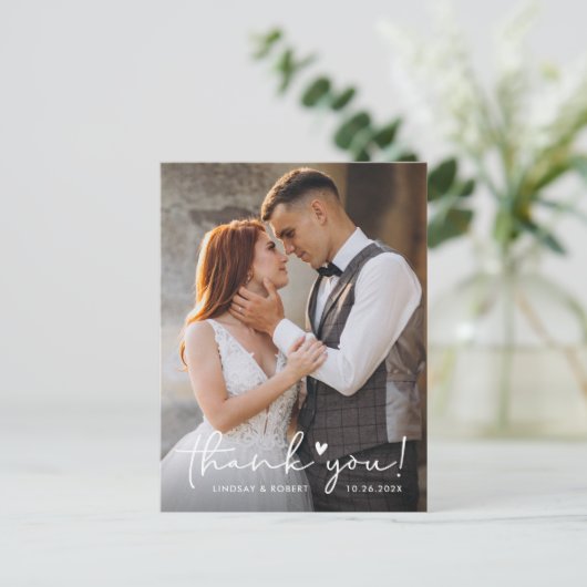 Elegante Liebe Heart Script Wedding Foto Vielen Da Postkarte (Stehend Vorderseite)